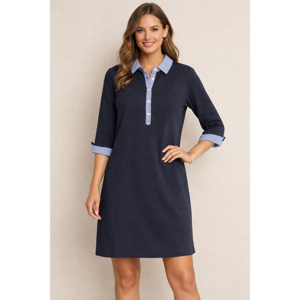 TALBOTS Navy Pique Stretch Gingham Collar Preppy Shirt Dress